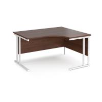 Maestro 25 right hand ergonomic desk 1400mm wide - white cantilever leg frame, walnut top