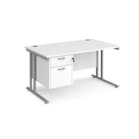 Maestro 25 straight desk 1400mm x 800mm with 2 drawer pedestal - silver cantilever leg frame, white top