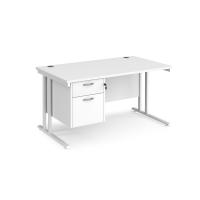 Maestro 25 straight desk 1400mm x 800mm with 2 drawer pedestal - white cantilever leg frame, white top