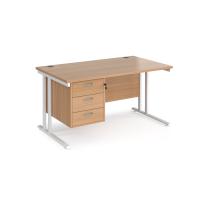 Maestro 25 straight desk 1400mm x 800mm with 3 drawer pedestal - white cantilever leg frame, beech top