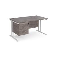 Maestro 25 straight desk 1400mm x 800mm with 3 drawer pedestal - white cantilever leg frame, grey oak top