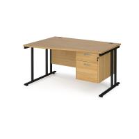 Maestro 25 left hand wave desk 1400mm wide with 2 drawer pedestal - black cantilever leg frame, oak top