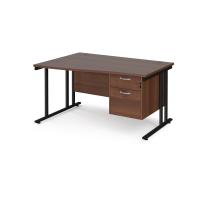 Maestro 25 left hand wave desk 1400mm wide with 2 drawer pedestal - black cantilever leg frame, walnut top