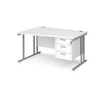 Maestro 25 left hand wave desk 1400mm wide with 3 drawer pedestal - silver cantilever leg frame, white top