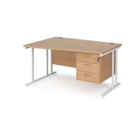 Maestro 25 left hand wave desk 1400mm wide with 3 drawer pedestal - white cantilever leg frame, beech top