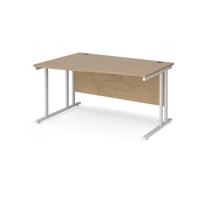 Maestro 25 left hand wave desk 1400mm wide - white cantilever leg frame, Kendal oak top