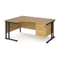Maestro 25 left hand ergonomic desk 1600mm wide with 2 drawer pedestal - black cantilever leg frame, oak top