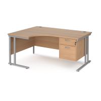 Maestro 25 left hand ergonomic desk 1600mm wide with 2 drawer pedestal - silver cantilever leg frame, beech top