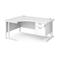 Maestro 25 left hand ergonomic desk 1600mm wide with 2 drawer pedestal - white cantilever leg frame, white top