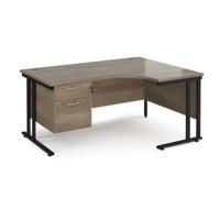 Maestro 25 right hand ergonomic desk 1600mm wide with 2 drawer pedestal - black cantilever leg frame, Nebraska oak top