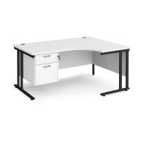 Maestro 25 right hand ergonomic desk 1600mm wide with 2 drawer pedestal - black cantilever leg frame, white top