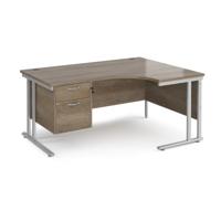 Maestro 25 right hand ergonomic desk 1600mm wide with 2 drawer pedestal - silver cantilever leg frame, Nebraska oak top
