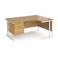 Maestro 25 right hand ergonomic desk 1600mm wide with 2 drawer pedestal - white cantilever leg frame, oak top
