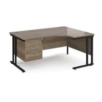 Maestro 25 right hand ergonomic desk 1600mm wide with 3 drawer pedestal - black cantilever leg frame, Nebraska oak top