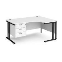 Maestro 25 right hand ergonomic desk 1600mm wide with 3 drawer pedestal - black cantilever leg frame, white top