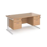 Maestro 25 straight desk 1600mm x 800mm with two x 2 drawer pedestals - white cantilever leg frame, beech top