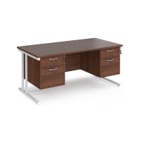 Maestro 25 straight desk 1600mm x 800mm with two x 2 drawer pedestals - white cantilever leg frame, walnut top