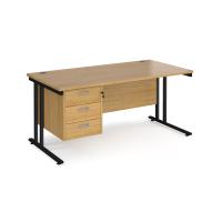 Maestro 25 straight desk 1600mm x 800mm with 3 drawer pedestal - black cantilever leg frame, oak top