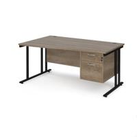 Maestro 25 left hand wave desk 1600mm wide with 2 drawer pedestal - black cantilever leg frame, Nebraska oak top
