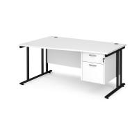 Maestro 25 left hand wave desk 1600mm wide with 2 drawer pedestal - black cantilever leg frame, white top
