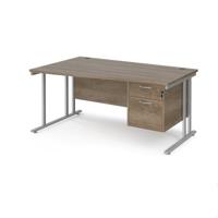 Maestro 25 left hand wave desk 1600mm wide with 2 drawer pedestal - silver cantilever leg frame, Nebraska oak top