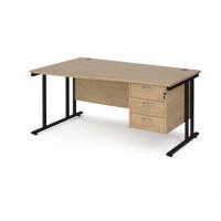 Maestro 25 left hand wave desk 1600mm wide with 3 drawer pedestal - black cantilever leg frame, Kendal oak top