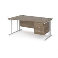 Maestro 25 left hand wave desk 1600mm wide with 3 drawer pedestal - white cantilever leg frame, Nebraska oak top