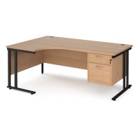Maestro 25 left hand ergonomic desk 1800mm wide with 2 drawer pedestal - black cantilever leg frame, beech top