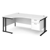 Maestro 25 left hand ergonomic desk 1800mm wide with 2 drawer pedestal - black cantilever leg frame, white top