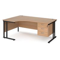 Maestro 25 left hand ergonomic desk 1800mm wide with 3 drawer pedestal - black cantilever leg frame, beech top