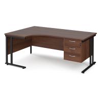 Maestro 25 left hand ergonomic desk 1800mm wide with 3 drawer pedestal - black cantilever leg frame, walnut top