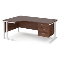 Maestro 25 left hand ergonomic desk 1800mm wide with 3 drawer pedestal - white cantilever leg frame, walnut top