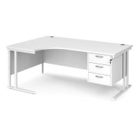 Maestro 25 left hand ergonomic desk 1800mm wide with 3 drawer pedestal - white cantilever leg frame, white top