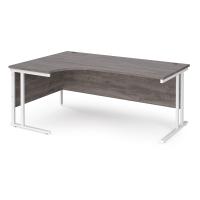 Maestro 25 left hand ergonomic desk 1800mm wide - white cantilever leg frame, grey oak top