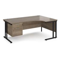Maestro 25 right hand ergonomic desk 1800mm wide with 2 drawer pedestal - black cantilever leg frame, Nebraska oak top