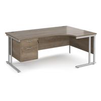 Maestro 25 right hand ergonomic desk 1800mm wide with 2 drawer pedestal - silver cantilever leg frame, Nebraska oak top