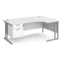 Maestro 25 right hand ergonomic desk 1800mm wide with 2 drawer pedestal - silver cantilever leg frame, white top