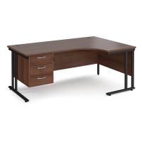 Maestro 25 right hand ergonomic desk 1800mm wide with 3 drawer pedestal - black cantilever leg frame, walnut top