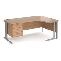 Maestro 25 right hand ergonomic desk 1800mm wide with 3 drawer pedestal - silver cantilever leg frame, beech top