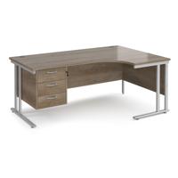 Maestro 25 right hand ergonomic desk 1800mm wide with 3 drawer pedestal - silver cantilever leg frame, Nebraska oak top