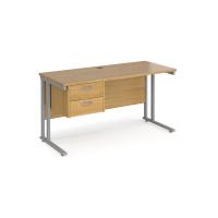 Maestro 25 straight desk 1400mm x 600mm with 2 drawer pedestal - silver cantilever leg frame, oak top