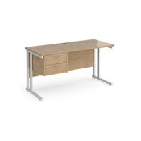 Maestro 25 straight desk 1400mm x 600mm with 2 drawer pedestal - white cantilever leg frame, Kendal oak top