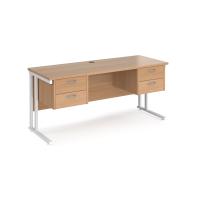 Maestro 25 straight desk 1600mm x 600mm with two x 2 drawer pedestals - white cantilever leg frame, beech top