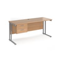 Maestro 25 straight desk 1600mm x 600mm with 2 drawer pedestal - silver cantilever leg frame, beech top