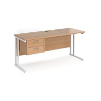 Maestro 25 straight desk 1600mm x 600mm with 2 drawer pedestal - white cantilever leg frame, beech top