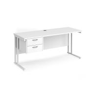 Maestro 25 straight desk 1600mm x 600mm with 2 drawer pedestal - white cantilever leg frame, white top