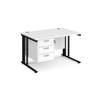 Maestro 25 straight desk 1200mm x 800mm with 3 drawer pedestal - black cable managed leg frame, white top