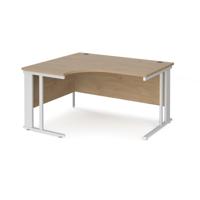 Maestro 25 left hand ergonomic desk 1400mm wide - white cable managed leg frame, kendal oak top