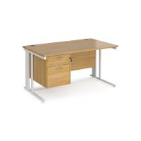 Maestro 25 straight desk 1400mm x 800mm with 2 drawer pedestal - white cable managed leg frame, oak top