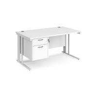 Maestro 25 straight desk 1400mm x 800mm with 2 drawer pedestal - white cable managed leg frame, white top